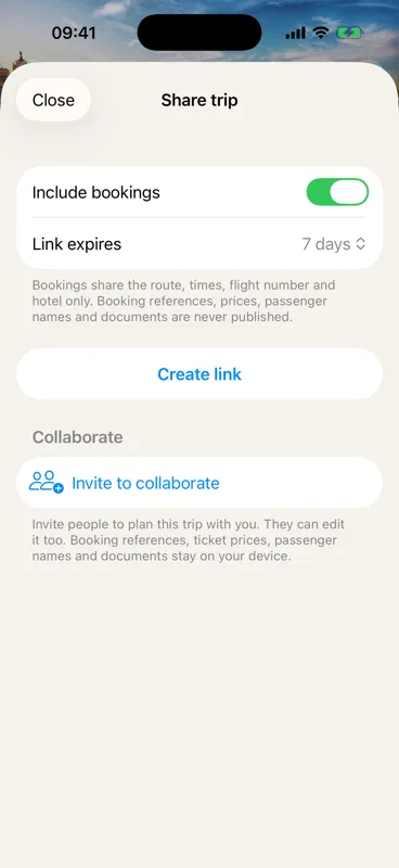 The Share trip sheet: invite people to collaborate on a trip